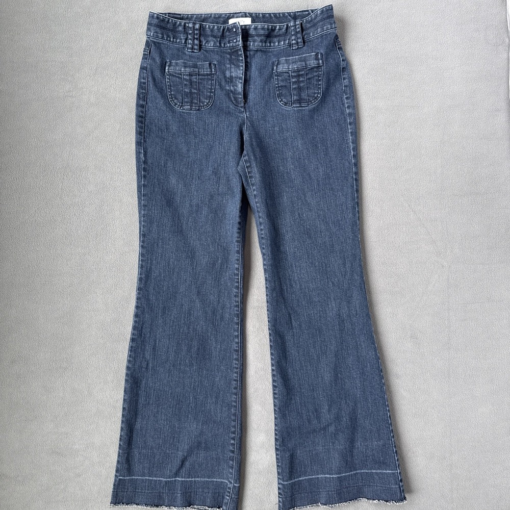 LOFT Flare‎ Jeans Womens 10 Blue High Rise Patch Pockets Denim Unpicked Raw Hem